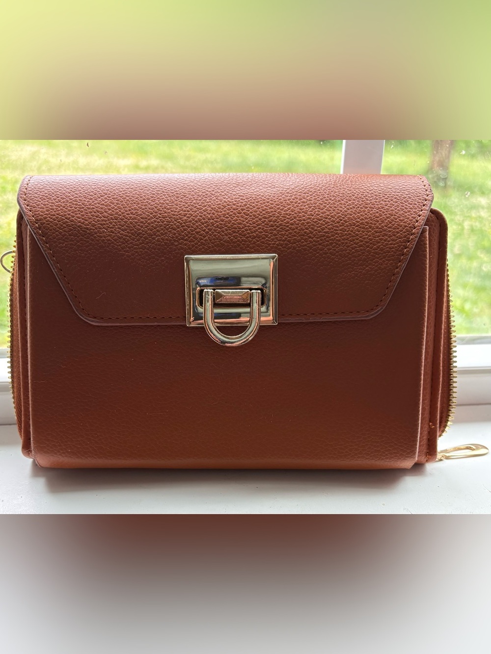 Classic Brown Faux Leather Bag with Gold Hardware